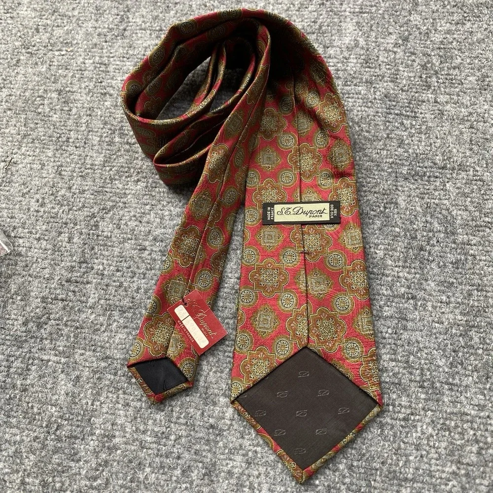 Vintage S.T. Dupont Paris Tie Red Olive Green Medallion Ornate Silk Made France